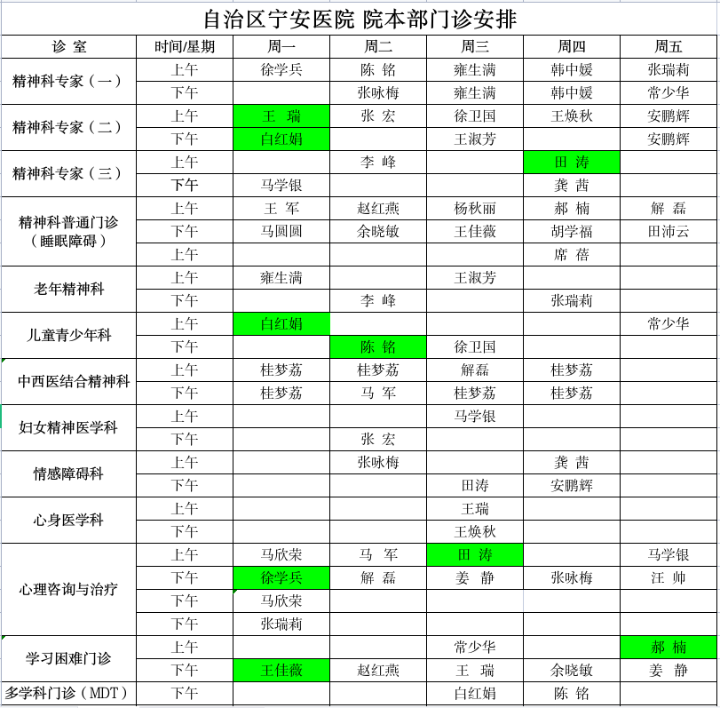 自治區(qū)寧安醫(yī)院門診排班調(diào)整通知
